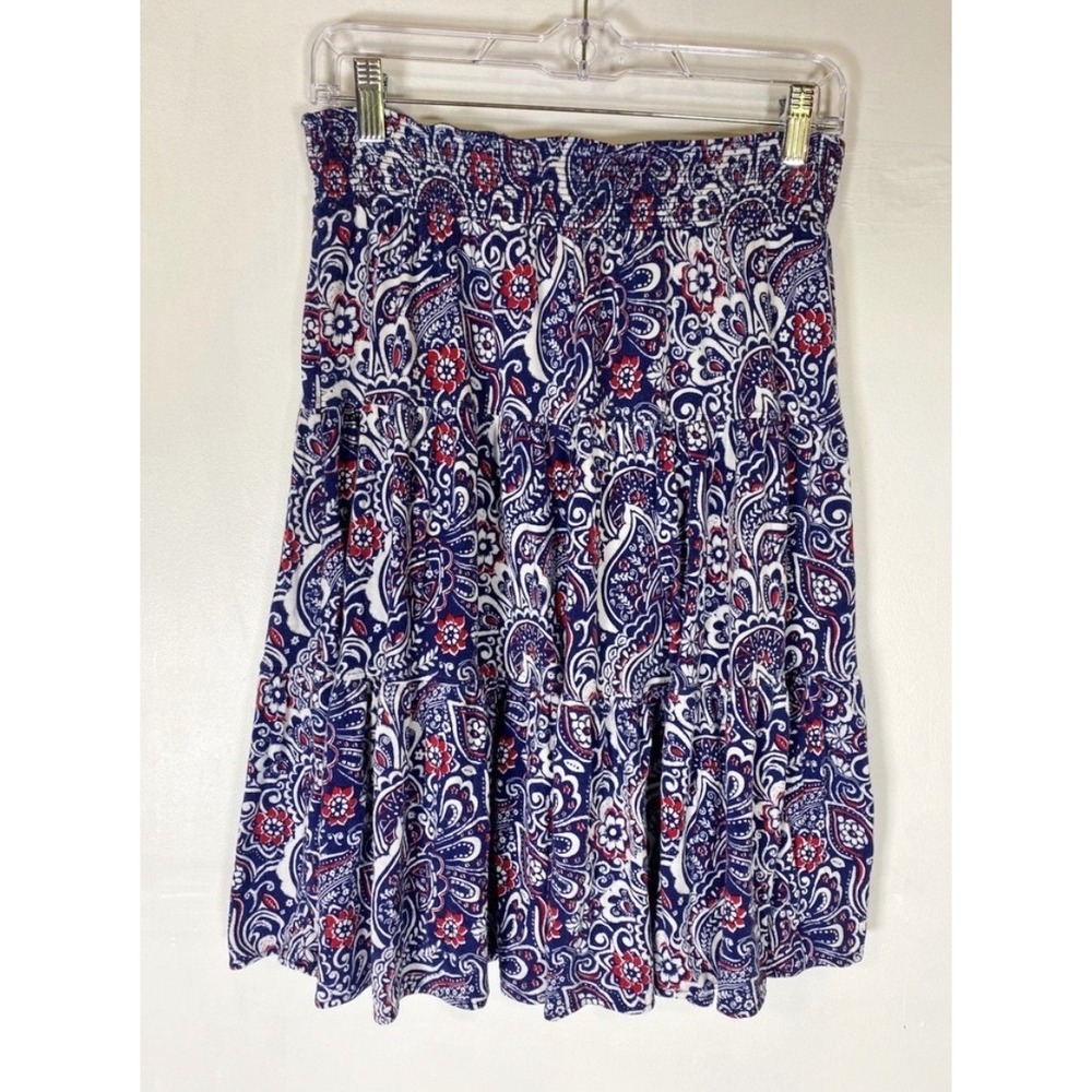 Red White Blue Paisley Smocked Tiered Mini Skirt Boho Floral Print L